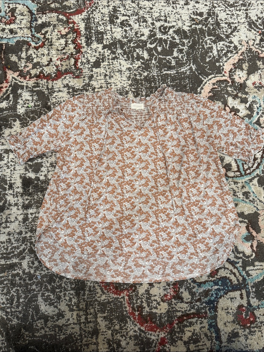 MELLODAY Brown and White Floral Short-Sleeve Blouse